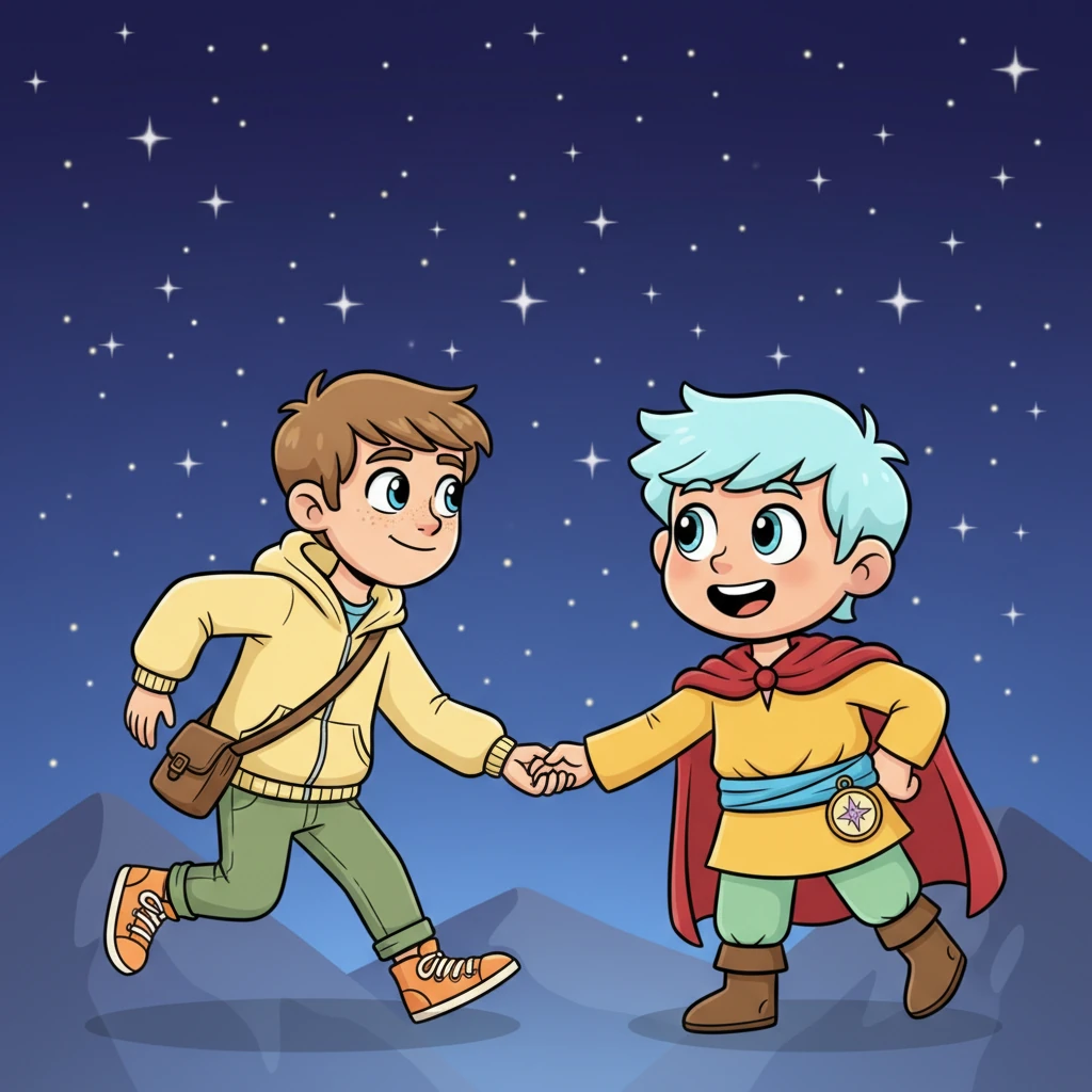 John, his heart pounding with newfound understanding, rushes to Leon, taking his hand gently. He looks into Leon's eyes, a soft, loving smile spreading across his face as he finally acknowledges the depth of Leon's feelings and his own burgeoning affection. Under the vast, starlit Papua sky, their hands intertwine, a silent promise of a love story just beginning, illuminating their remote mountain home.