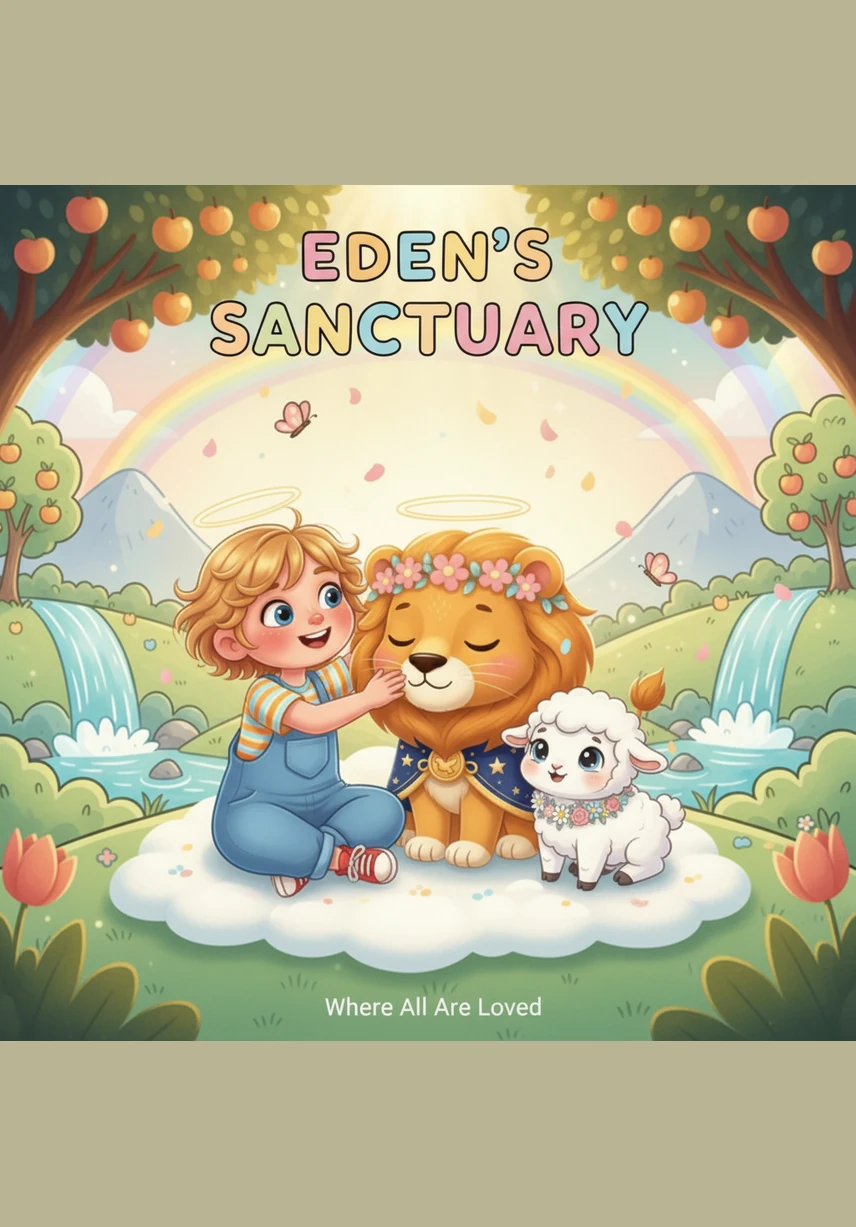 A majestic lion with a golden mane rests quietly while a tiny white lamb snoozes peacefully against its warm fur. Eden walks among them without fear, feeling the perfect harmony that connects every living creature in this magical place.