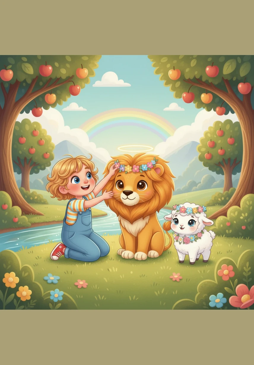 Eden dips a hand into the crystal-clear river, watching as vibrant fish with scales like jewels dart between smooth, colorful stones. The water is cool and refreshing, singing a happy song as it splashes gently against the mossy banks.