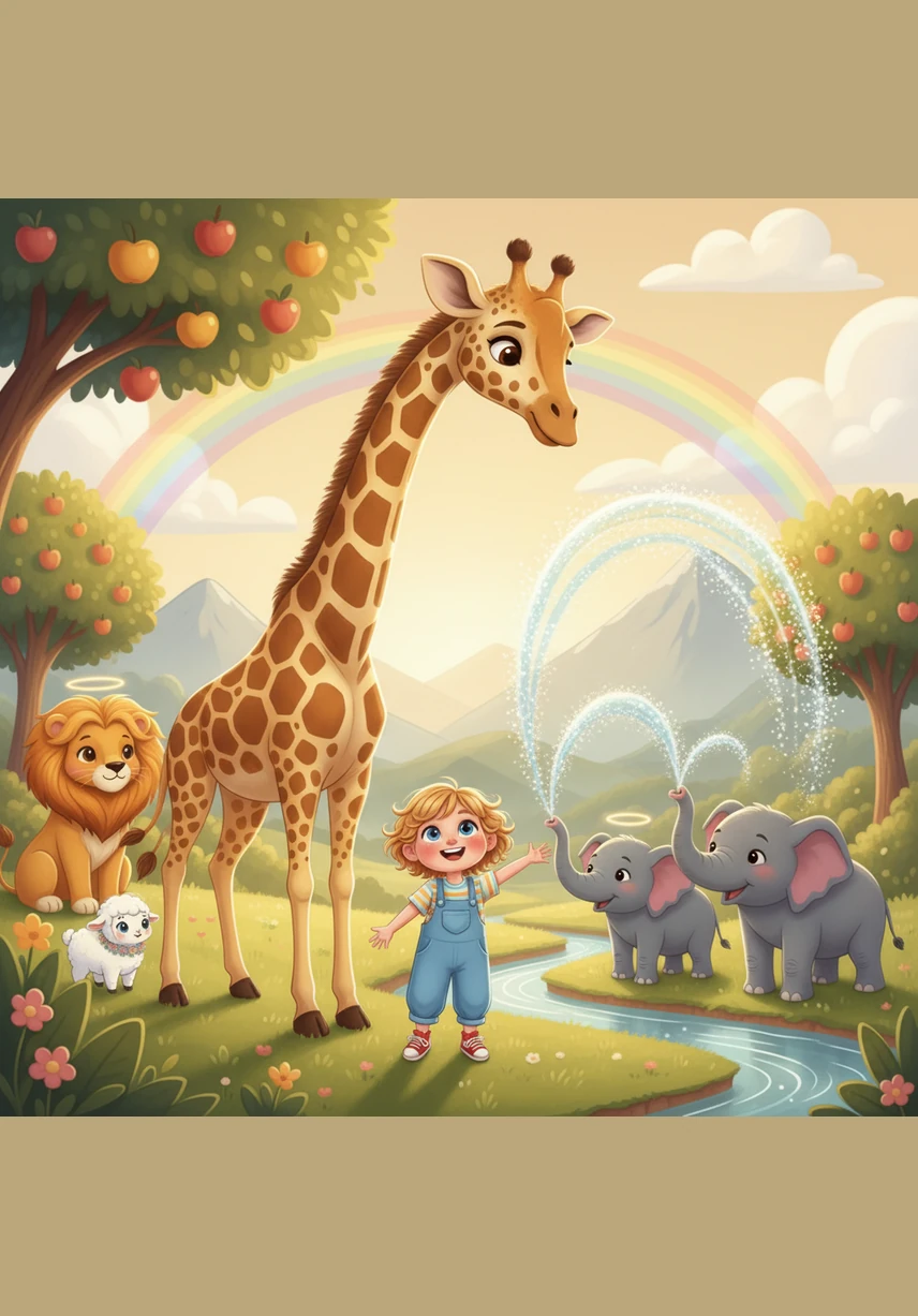A tall giraffe lowers its head to gently nudge Eden's shoulder, its eyes filled with kindness and ancient wisdom. Nearby, a family of elephants sprays sparkling water into the air, creating tiny, shimmering rainbows that dance in the golden light.