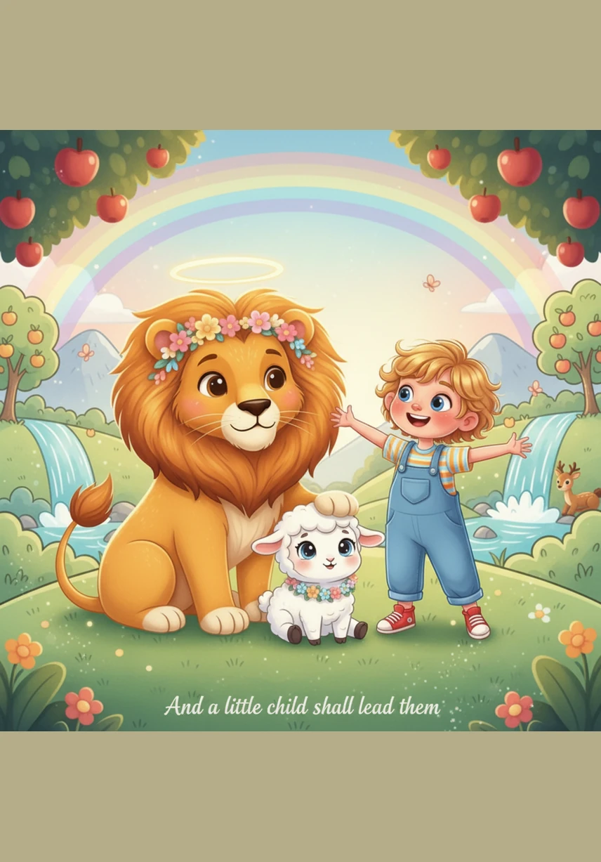 The sky above is a beautiful canvas of soft pinks, deep blues, and vibrant oranges that never fade into total darkness. A magnificent rainbow arches across the horizon, serving as a colorful promise that this land will always be filled with light and joy.