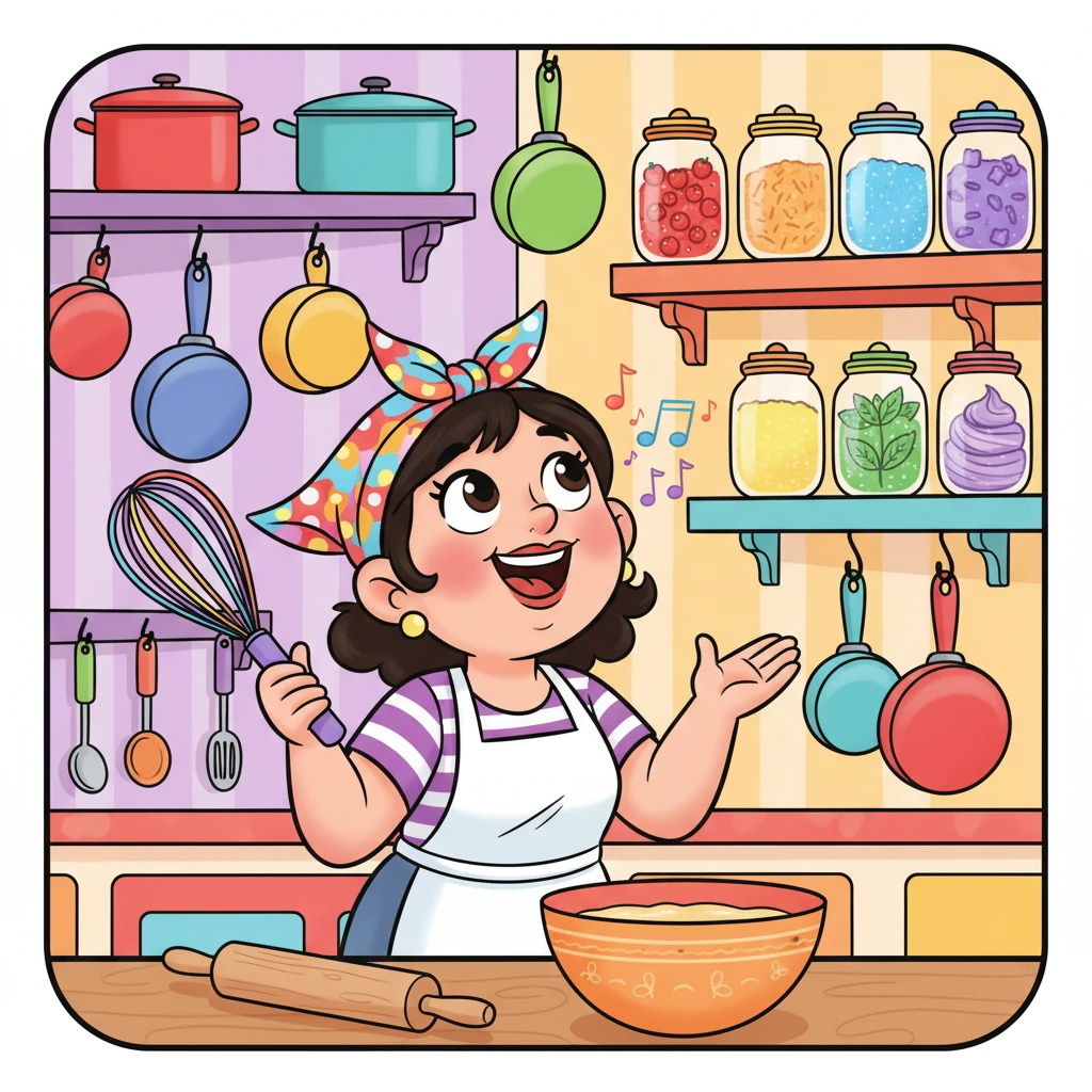 Gigi Sprinkles, a cheerful baker with a big, round smile, hums happily in her vibrant kitchen. Pots and pans of every color hang from the walls, and a rainbow of ingredients sparkle on the shelves. She's ready to create something truly magical today, her eyes twinkling with excitement.