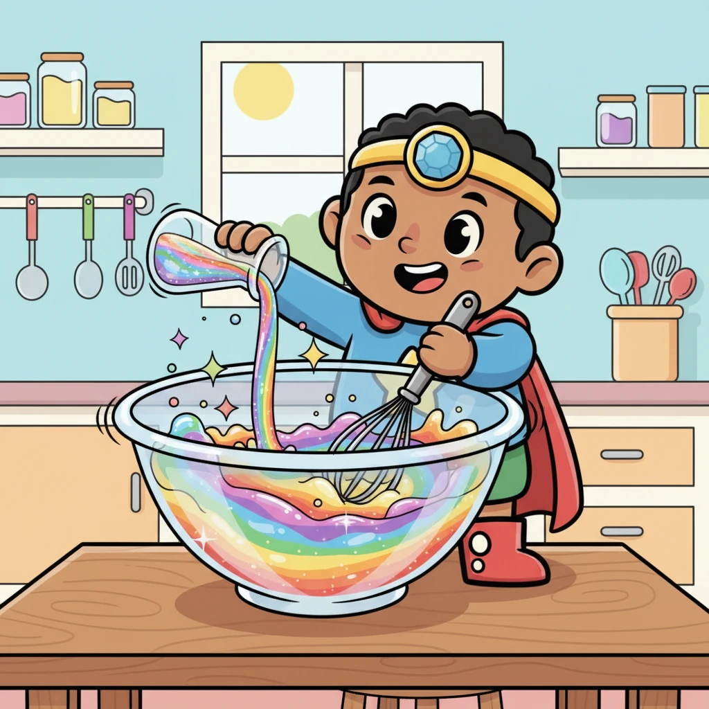 With a flourish, Gigi pours glittering, rainbow-colored liquid into an enormous, wobbly mixing bowl. Her oversized whisk spins faster and faster, transforming the ingredients into a wonderfully bouncy and jiggly batter. It shimmers like a liquid rainbow, promising delightful treats.