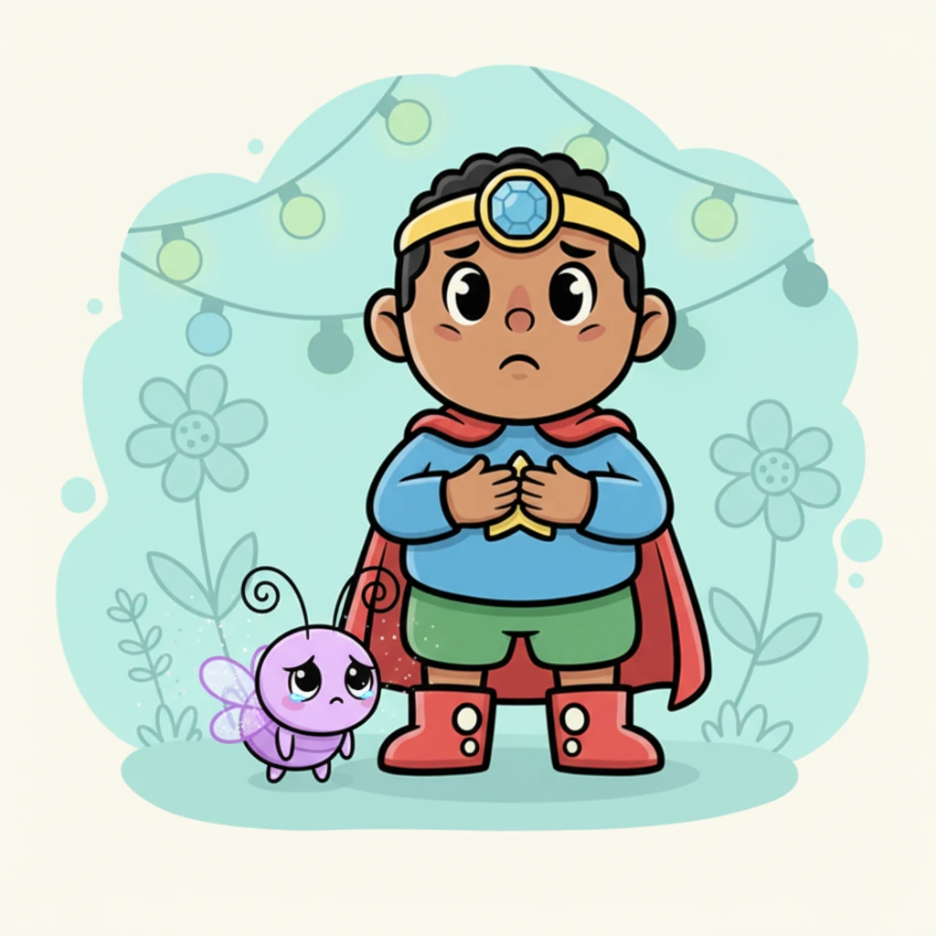 A tiny, shy sparkle-bug, its antennae drooping, approaches Gigi with a sad little sigh. It explains in soft whispers that a grand party is planned, but everyone feels a bit gloomy, needing a truly special treat to bring back their smiles. Gigi's heart melts, and she vows to help.