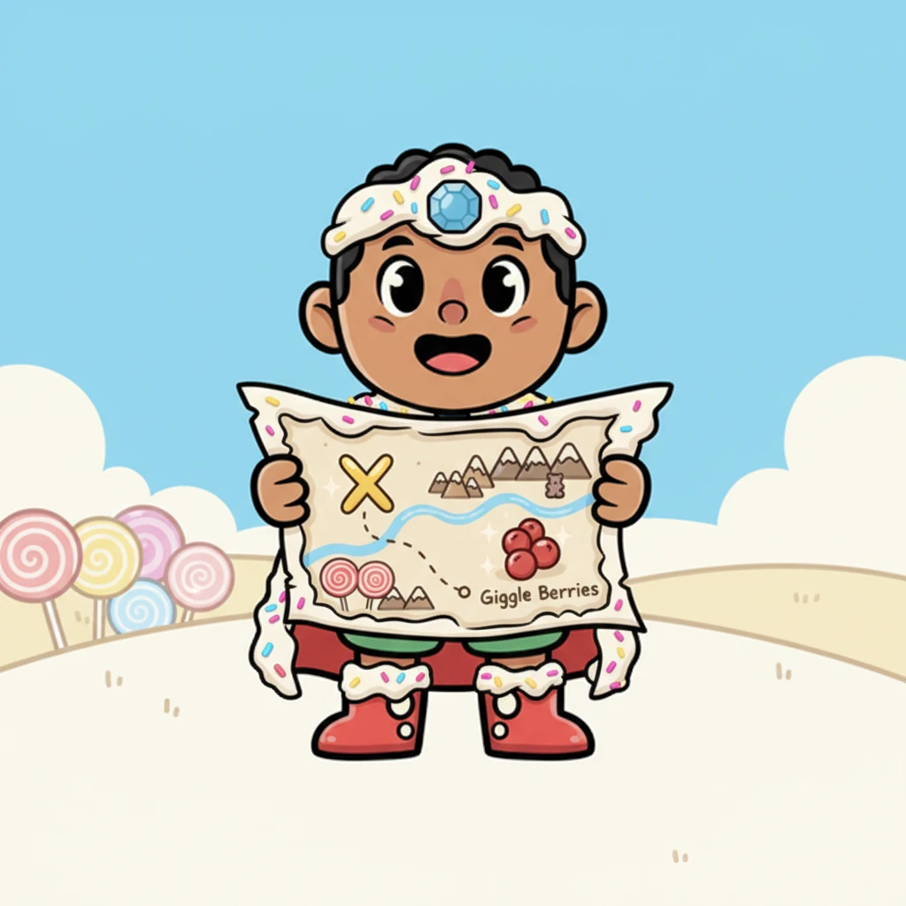 Gigi pulls out a crumpled, ancient map, its edges decorated with swirls of frosting. The map points to a faraway place, marked with a sparkling 'X,' indicating the legendary 'Giggle Berries.' Gigi's adventurous spirit ignites, and she knows exactly what she needs to do.