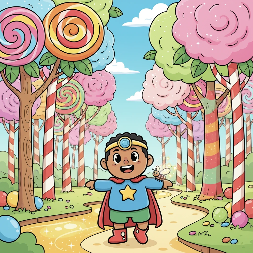 With the sparkle-bug perched on her shoulder, Gigi embarks on her quest, venturing into the fantastical Candy Forest. Trees with lollipop leaves and gummy trunks tower above them, and rivers of sparkling lemonade gurgle playfully. Every step is an adventure, filled with new wonders.