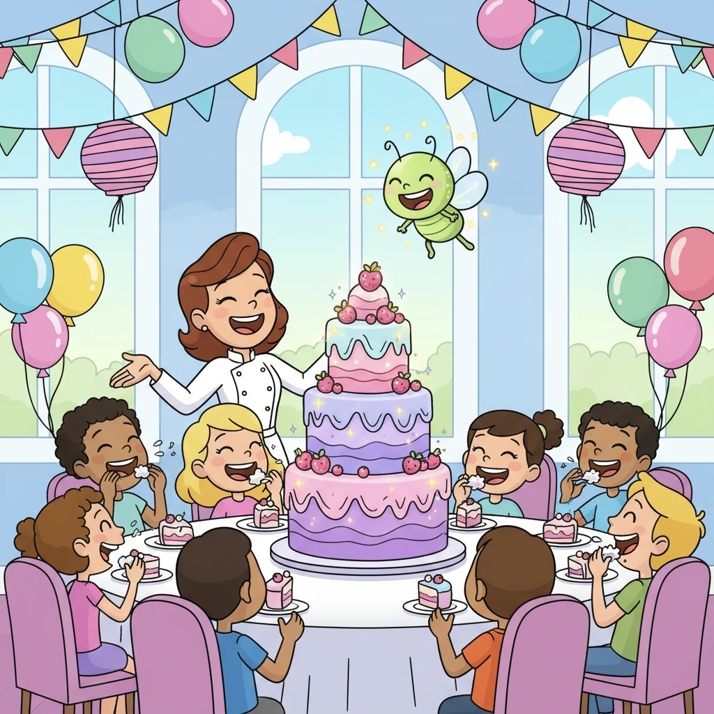 Back in her kitchen, Gigi bakes the Giggle Berry cake, filling the air with a sweet, happy aroma. At the grand party, the cake is unveiled, and as everyone takes a bite, contagious giggles fill the air. The sparkle-bug, now beaming, bounces with pure delight, its sadness completely gone.