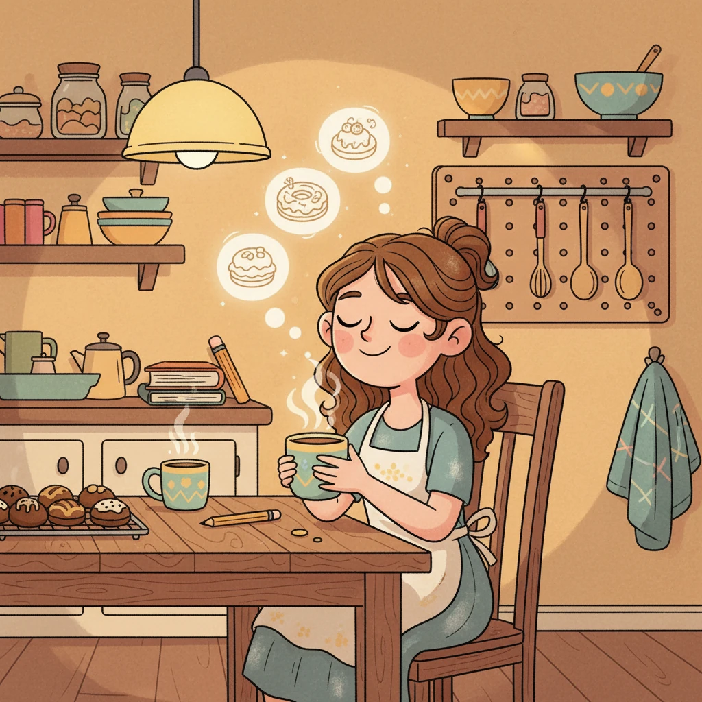 Later that night, Gigi sits contently in her cozy kitchen, a warm glow filling the room. Her heart is full, knowing her baking brought so much joy and laughter to her friends. She dreams of new recipes and more adventures, ready to spread happiness with every sweet creation.