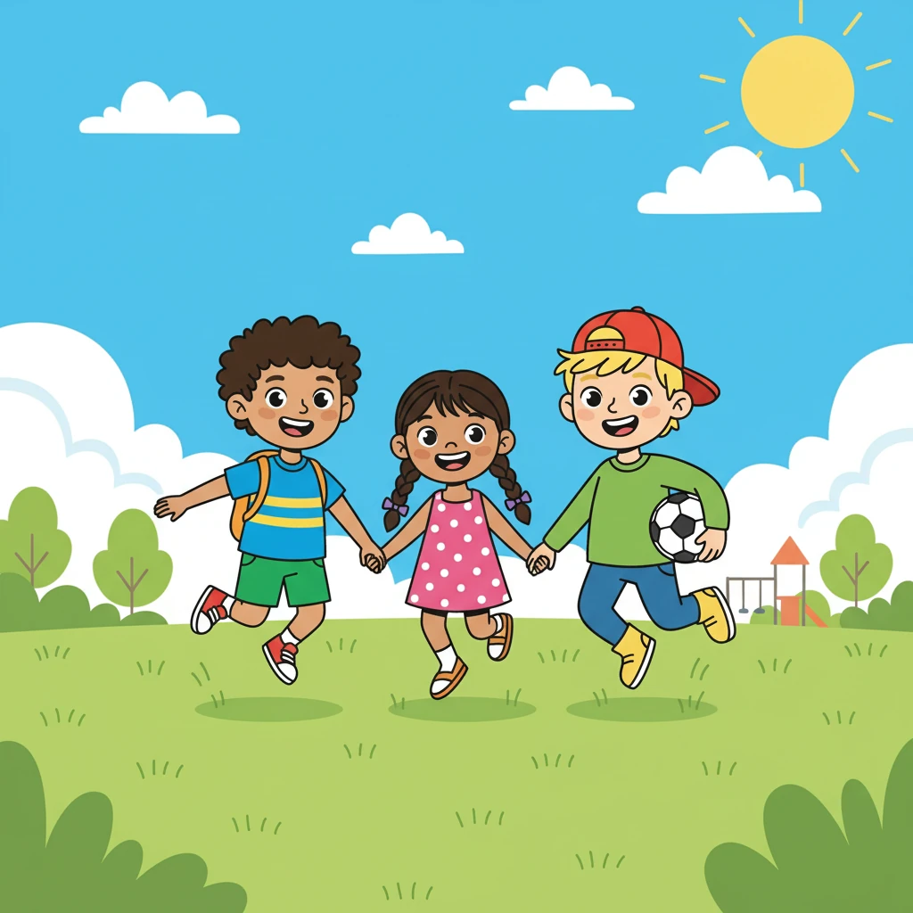 The sun shone brightly on a beautiful day. Ahmed, Maitha, and Samer skipped into the park, ready for an adventure. The green grass beckoned, and the sky was a clear, bright blue.