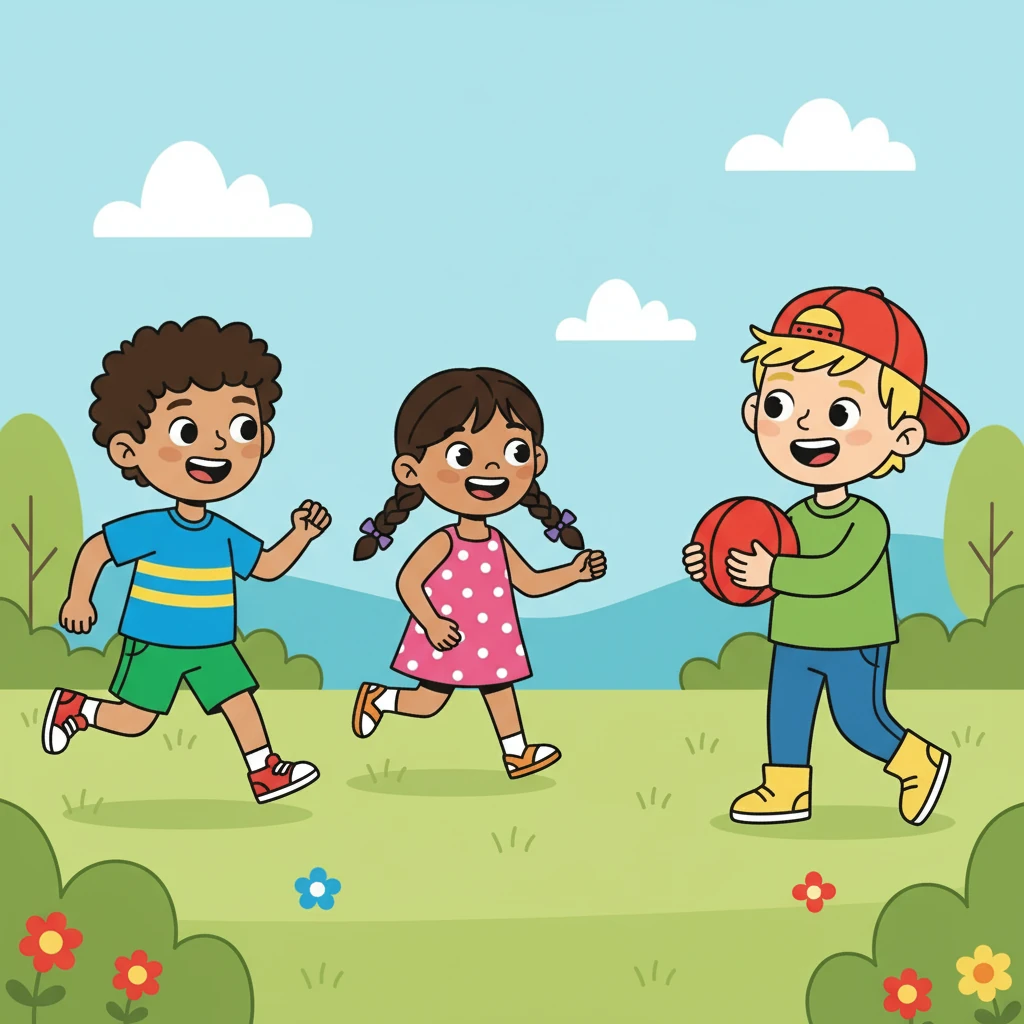 Ahmed, with a bright red ball, called out to his friends. Maitha and Samer ran towards him, their faces beaming with excitement. They were ready to play a game of catch.