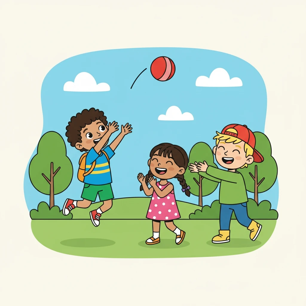 They played catch, laughing as they tossed the ball back and forth. The ball soared high in the air, a splash of red against the blue sky. Their joyful shouts echoed through the park.