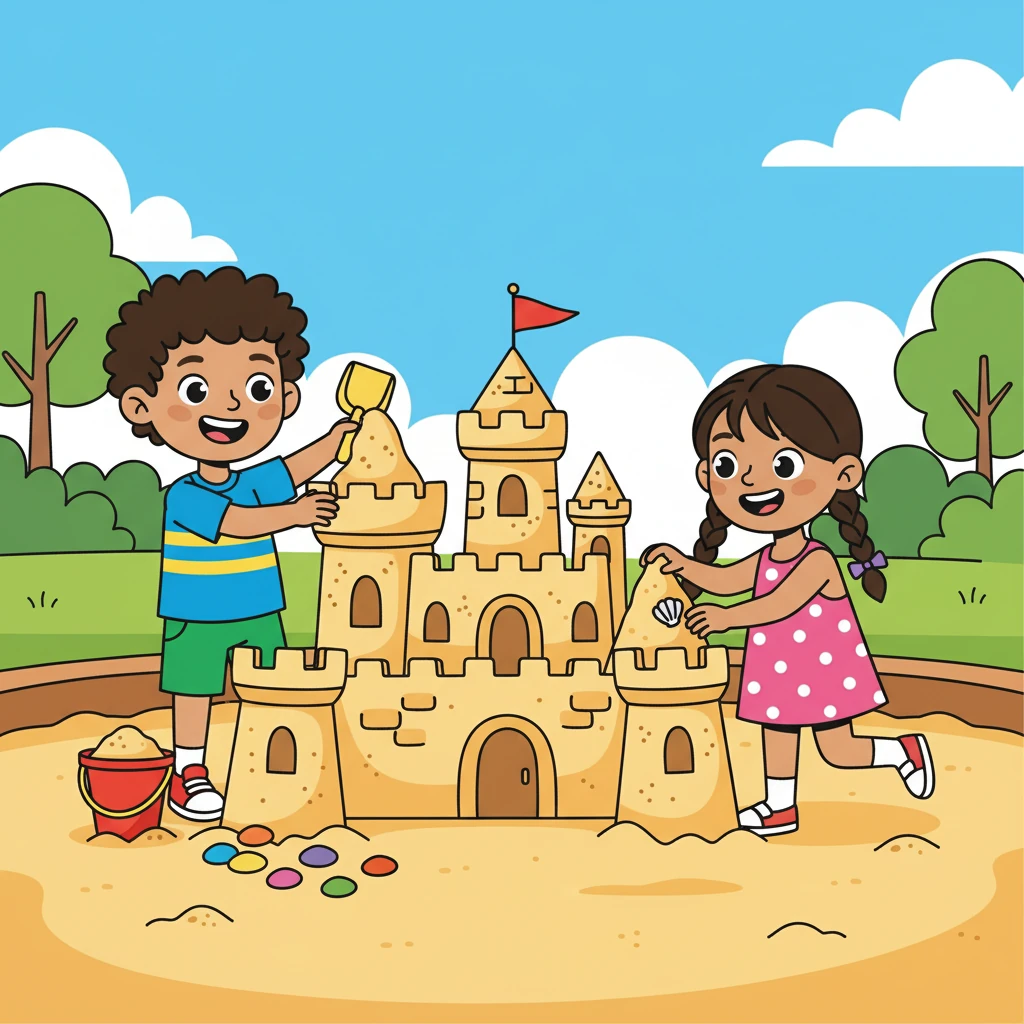 Next, they decided to build a magnificent sandcastle near the sandbox. They worked together, carefully piling the sand and decorating it with colorful pebbles. Their teamwork made the castle even more special.