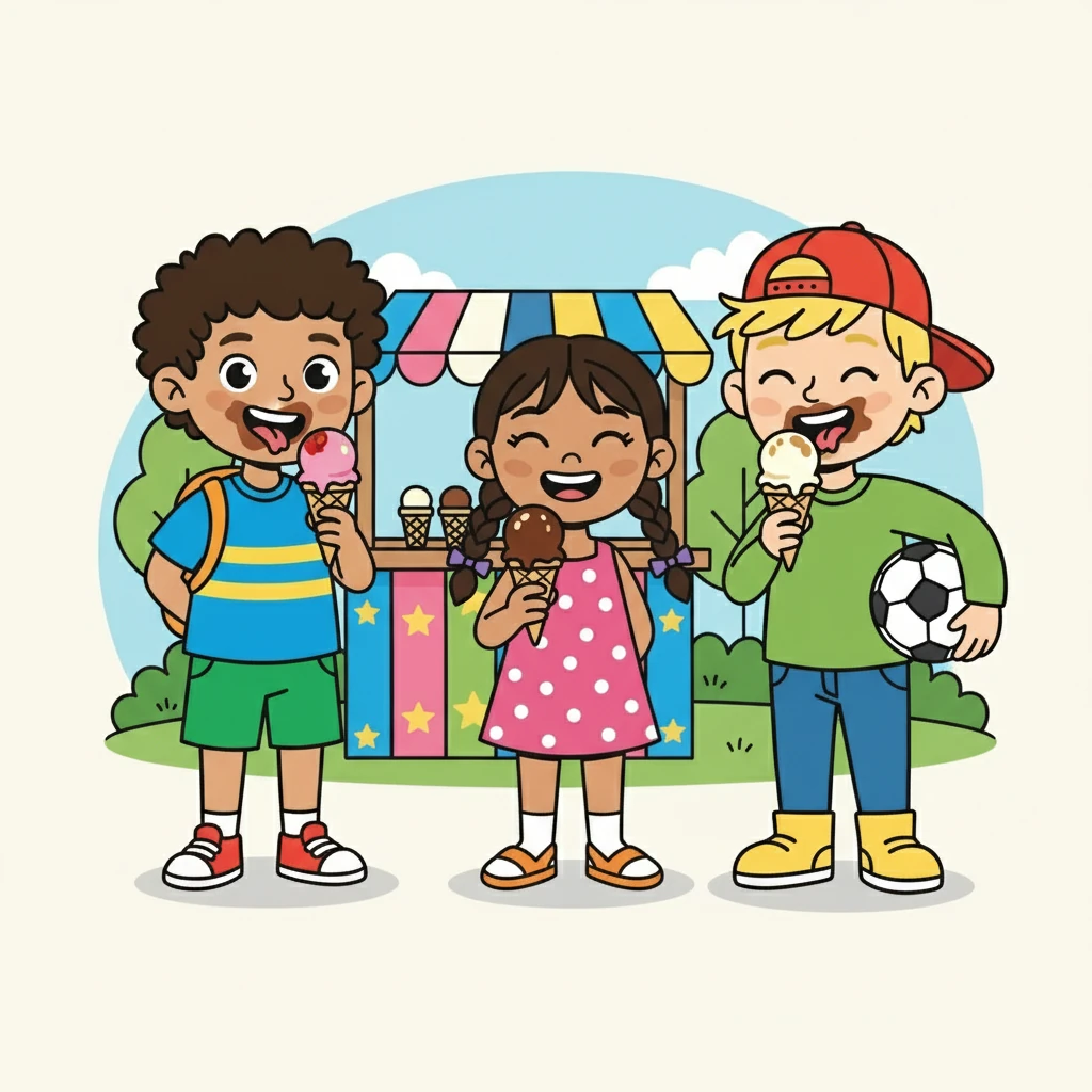Feeling a bit hungry, they walked towards the ice cream stand. Ahmed chose a strawberry cone, Maitha a chocolate one, and Samer a vanilla one. Each lick brought a smile to their faces.