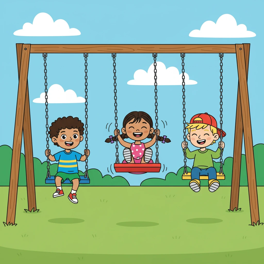 After enjoying their ice cream, they spotted a swing set. They took turns swinging high in the air, feeling the wind in their hair. The rhythmic creaks of the swings added to the happy atmosphere.