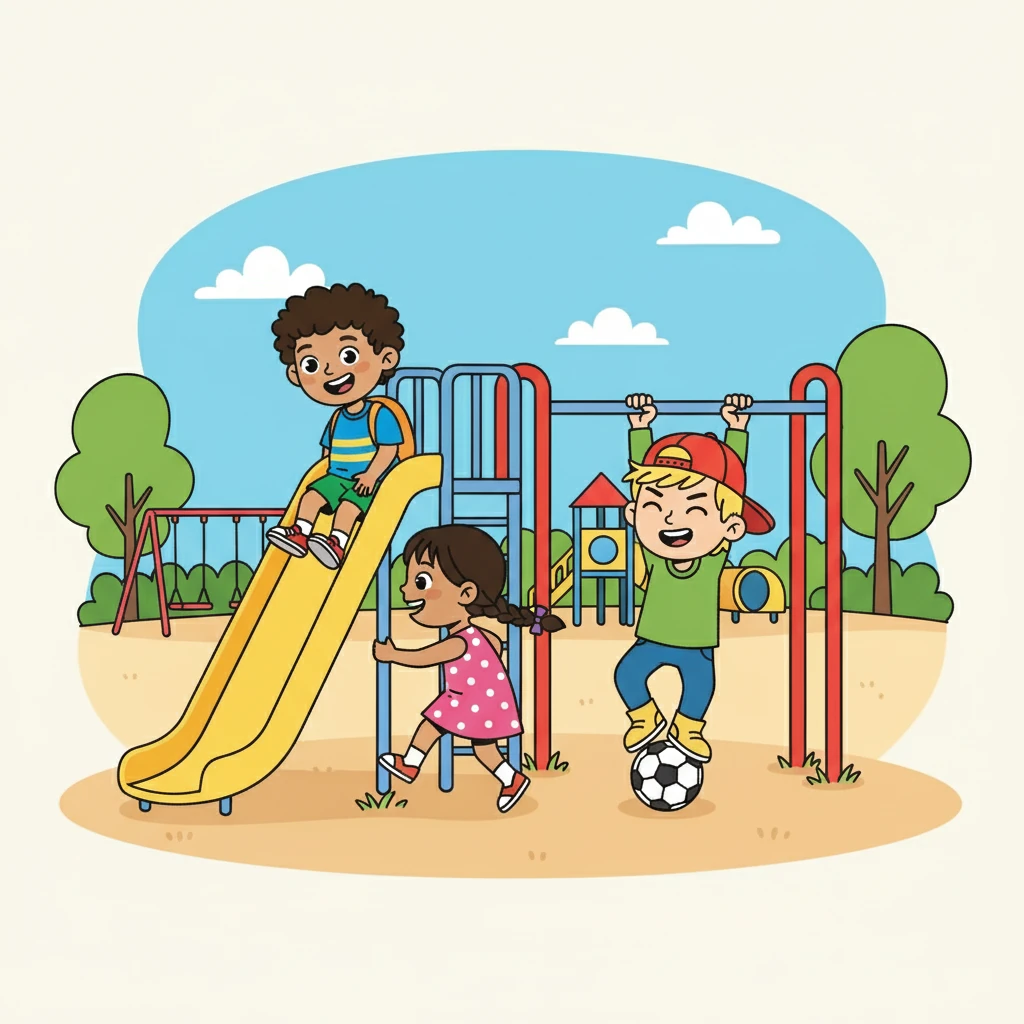 They then decided to explore the park's playground. They climbed up the slide, laughing as they slid down. They navigated the monkey bars with determination and glee.