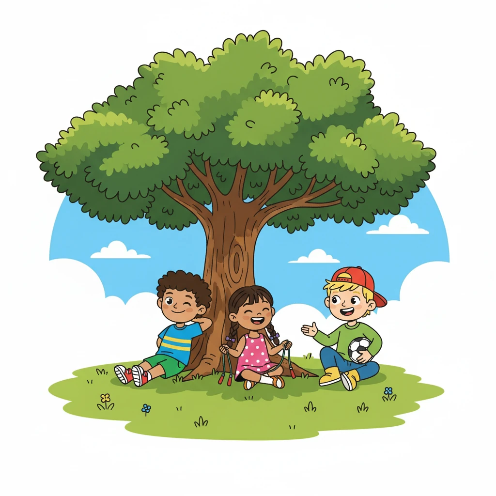Exhausted but happy, they decided to sit under a large, shady tree. They shared stories and giggled, feeling content in each other's company. The tree provided a cool and peaceful retreat.