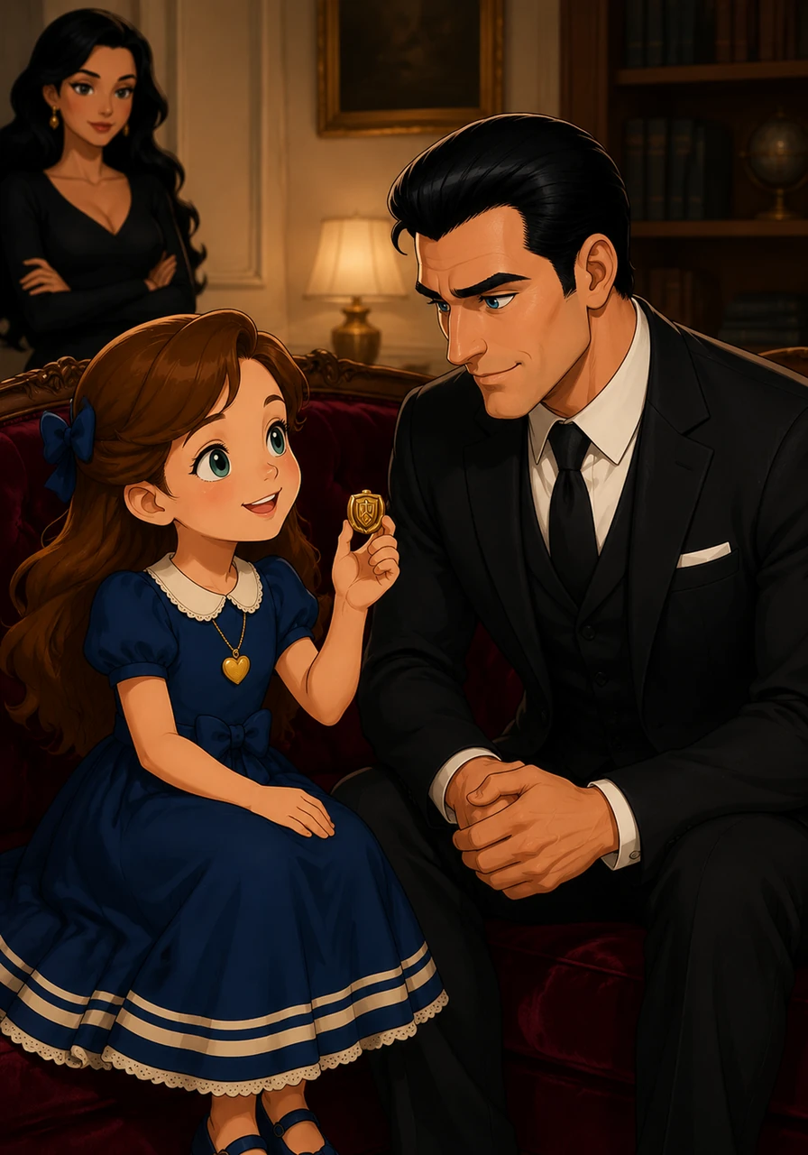 Melissa sits with Luke on a velvet sofa, showing him a heavy gold signet ring engraved with the family crest. She speaks softly about the importance of protecting those they love, instilling a deep sense of loyalty and duty in her young son's heart.