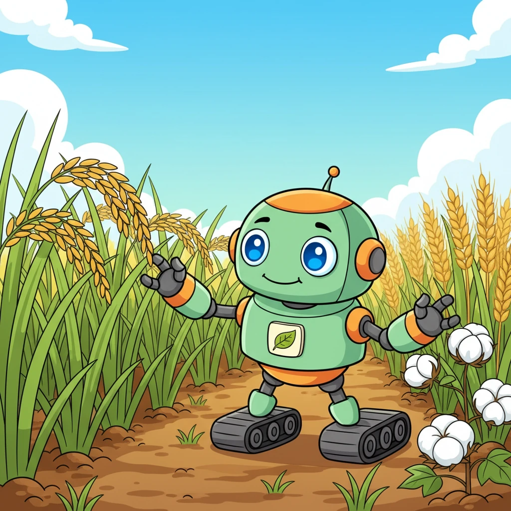 In a sunny field filled with green plants, stood AgriBot, a friendly, round robot with big, helpful eyes. AgriBot loved to watch over the paddy, cotton, and wheat, always ready to lend a helping hand to the farmers.
