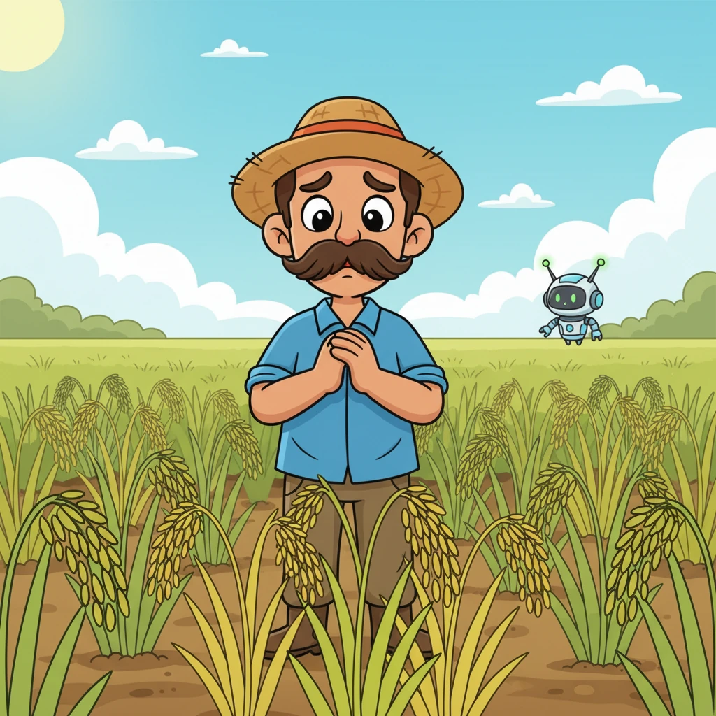 One morning, Raju, a kind farmer with a big mustache, looked worriedly at his paddy field. Some of the bright green leaves had turned yellow and droopy, making him feel sad.