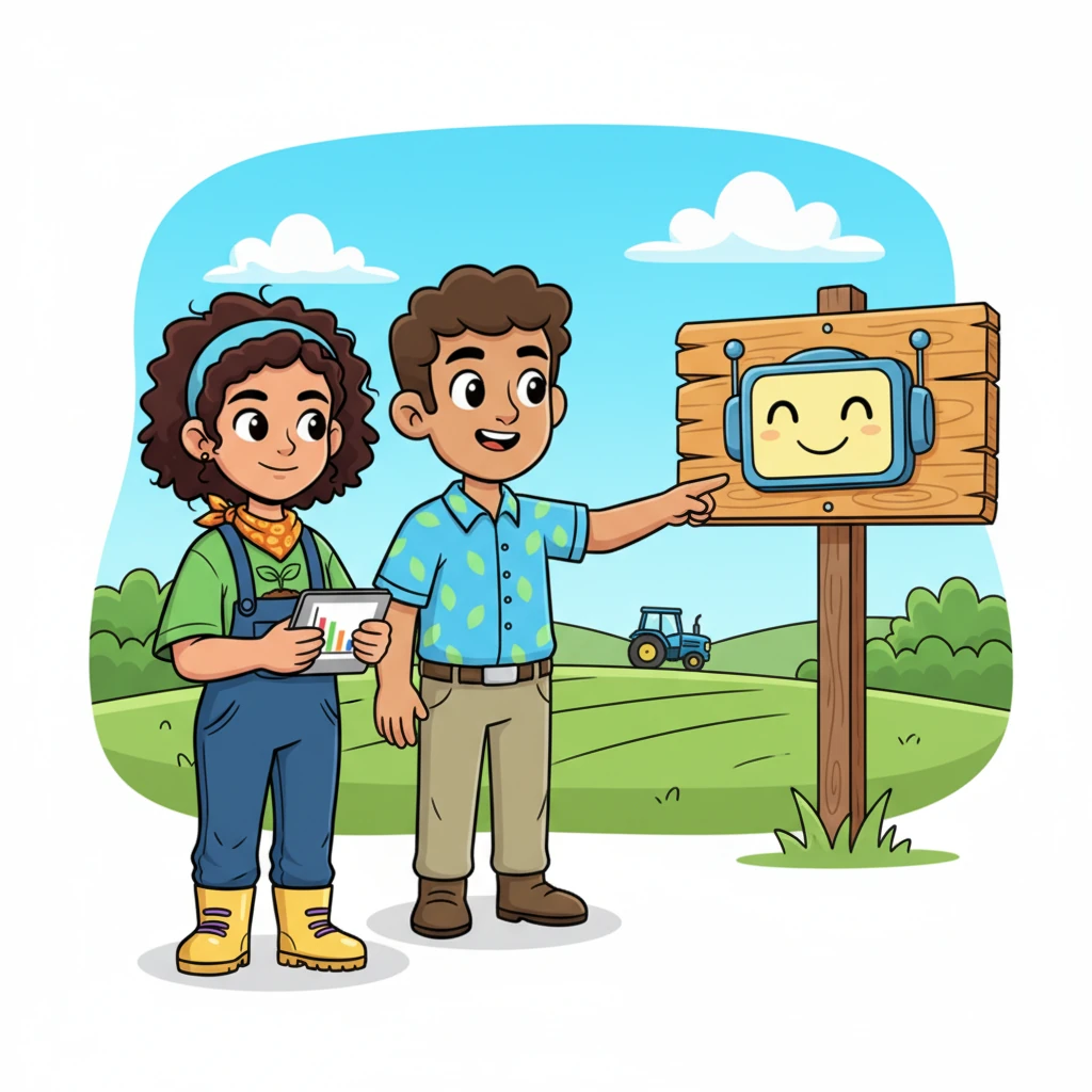 Raju's clever daughter, Meena, saw his frown and pointed to a colorful sign displaying AgriBot's smiling face. "Remember AgriBot, Papa?" she chirped, and Raju's face brightened with a spark of hope.