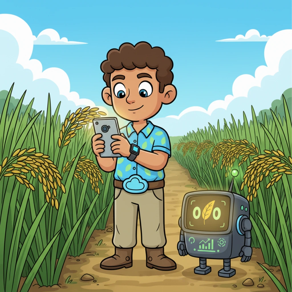 Raju carefully took out his phone and snapped a clear picture of a yellowing paddy leaf. He held it up to AgriBot's screen, which glowed softly as it received the image, ready to analyze.