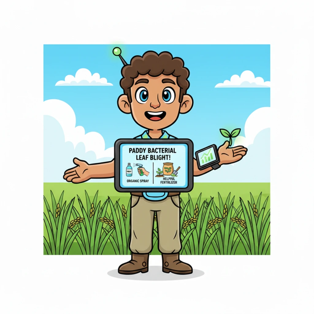 Soon, AgriBot's screen showed a clear message: "Paddy, Bacterial Leaf Blight!" Below, it displayed simple pictures and instructions for a special organic spray and some helpful fertilizer, making it easy for Raju to understand.
