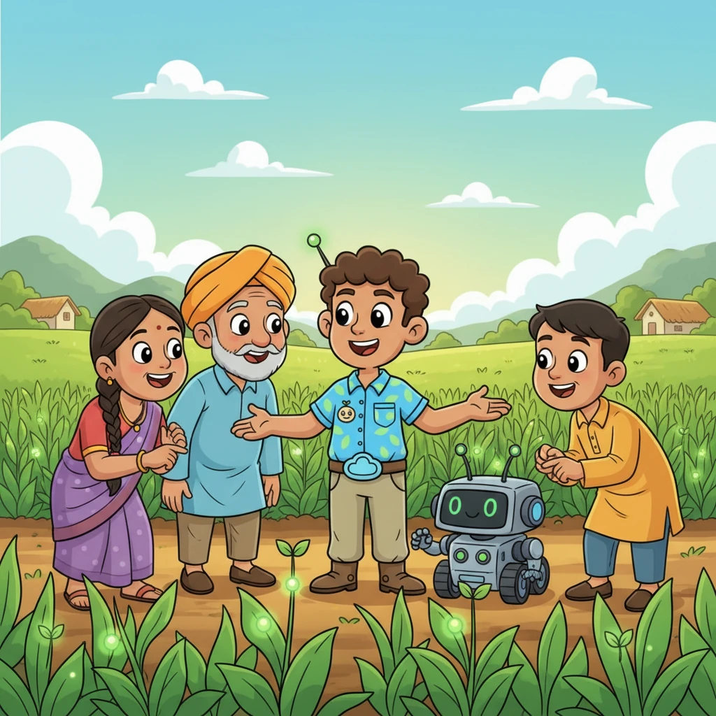 Excited, Raju gathered his friends and neighbors, proudly showing them his healthy field and explaining how AgriBot had helped. The other farmers listened with wide eyes, eager to learn about this wonderful helper.