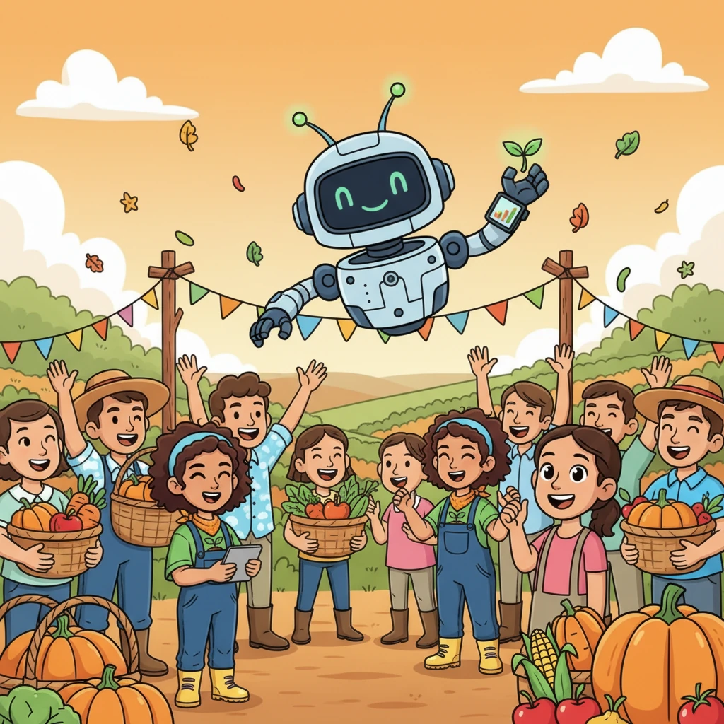 Now, AgriBot is a beloved friend to everyone, seen across the village assisting with all sorts of crops. Thanks to AgriBot, every field thrives, and the whole village celebrates a bountiful, happy harvest!