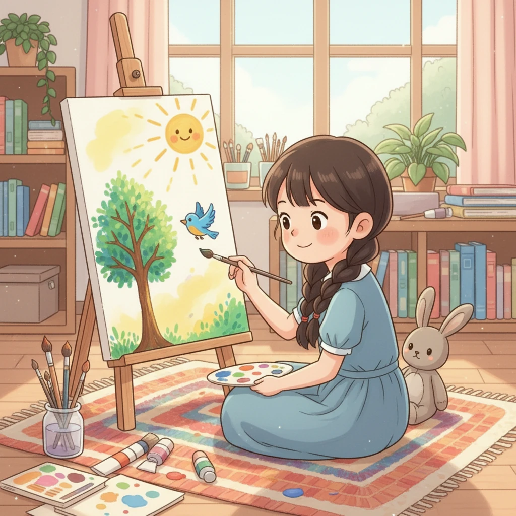 小芽开始创作，她笔下的小树，小鸟，阳光，渐渐变得生动起来。她专注于自己的作品，忘记了周围的嘈杂，只沉浸在自己的创作世界里。她的画作逐渐展现出对色彩和情感的独特理解，每一笔都充满了对未来的憧憬。
