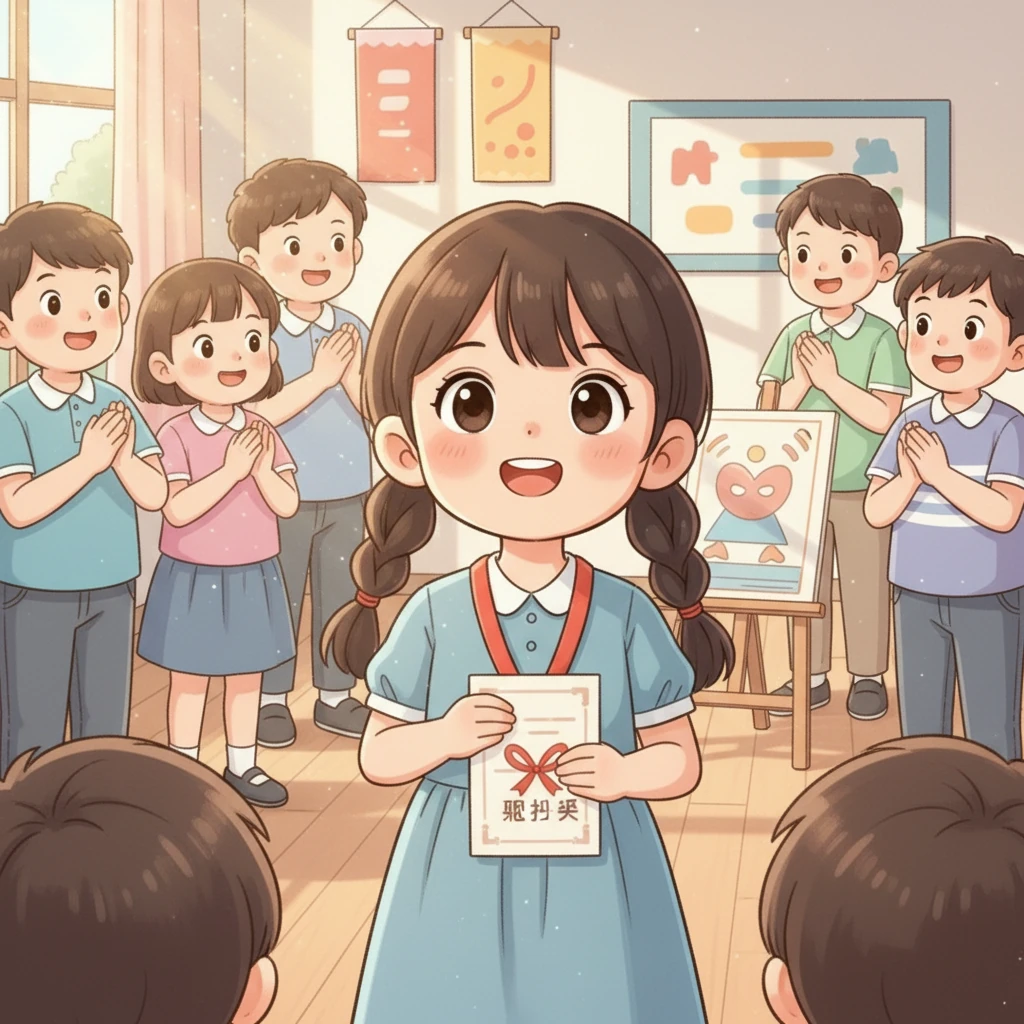 比赛结果出来了，小芽的作品获得了鼓励奖。虽然不是第一名，但小芽却感到无比的快乐和骄傲。她开始意识到，自己并不差，可以做到一些事情。她抬起头，眼神里充满了光芒。