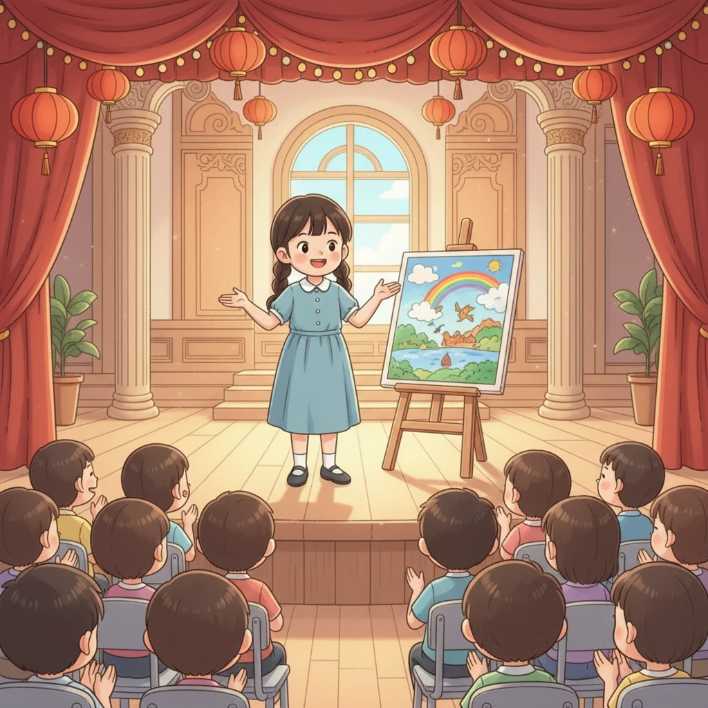 最后，小芽勇敢地站在舞台上，向大家展示自己的画作，自信地讲述着自己的创作理念。她不再是那个唯唯诺诺的小女孩，而是一个充满活力和自信的勇敢女孩。她知道，自己可以创造无限的可能。