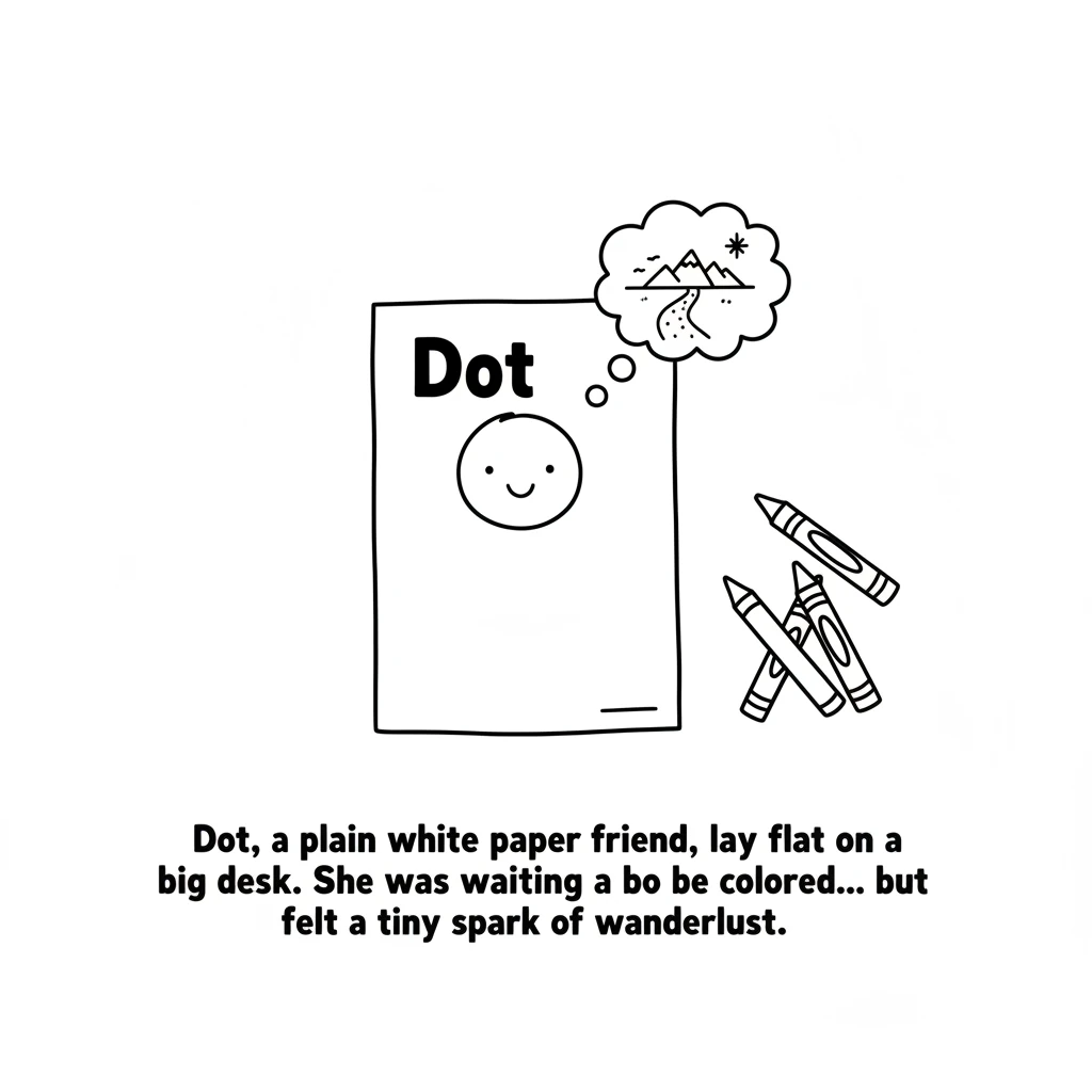 Dot, a plain white paper friend, lay flat on a big desk. She was waiting to be colored, perhaps by a grown-up, but felt a tiny spark of wanderlust.