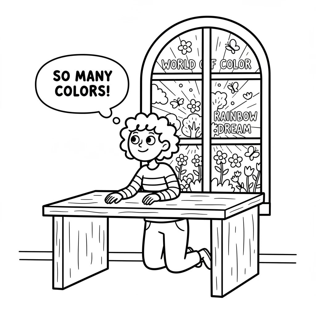 She peeked over the edge of the desk and saw a world bursting with colors outside the window, a vibrant dream beyond her flat paper world.