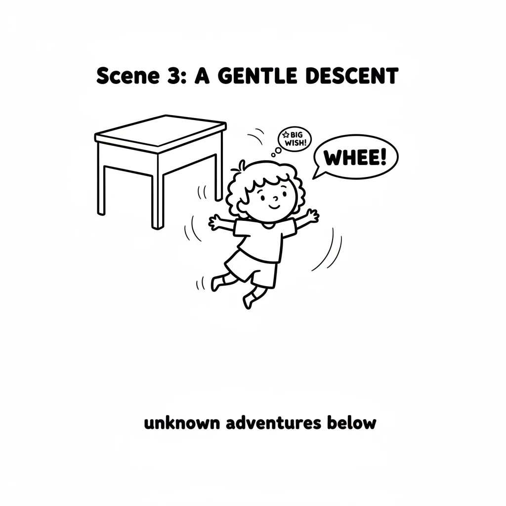 With a little wiggle and a big wish, Dot slid off the desk, floating gently like a feather towards the unknown adventures below.