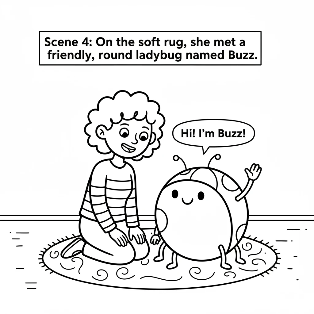 On the soft rug, she met a friendly, round ladybug named Buzz, who had bright, uncolored spots and a cheerful wave.