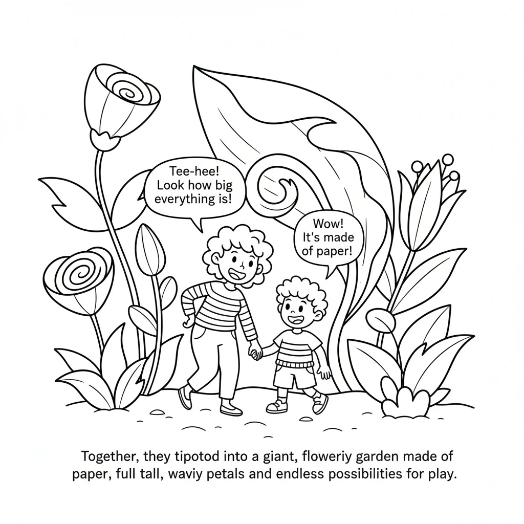 Together, they tiptoed into a giant, flowery garden made of paper, full of tall, wavy petals and endless possibilities for play.