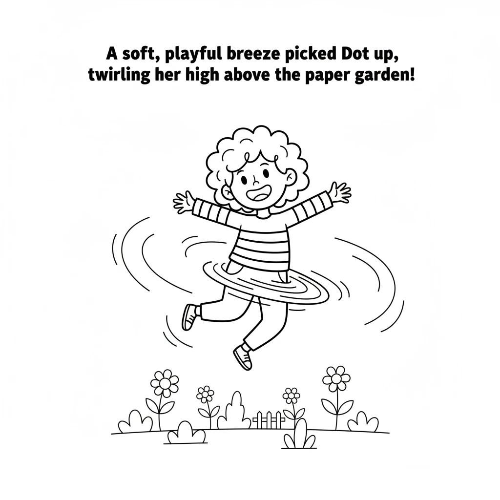 A soft, playful breeze picked Dot up, twirling her high above the paper garden, like a kite dancing freely in the sky.