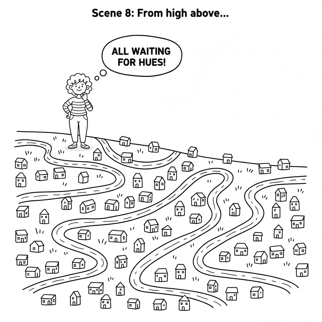 From up high, she saw tiny, blocky houses and curvy roads stretching out below, all waiting for someone to give them their own special hues.