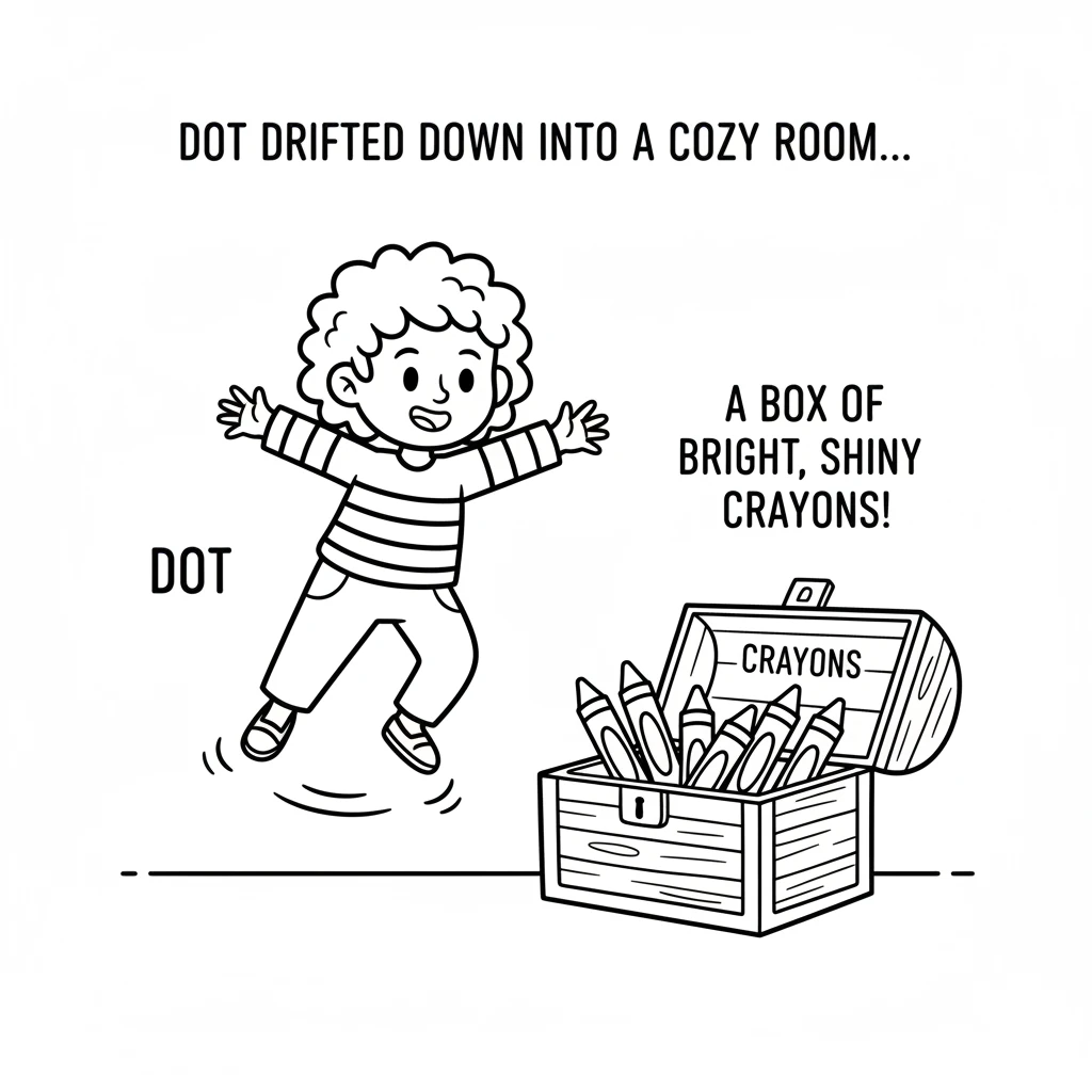 Dot drifted down into a cozy room, landing softly right beside a treasure chest: a box of bright, shiny crayons.