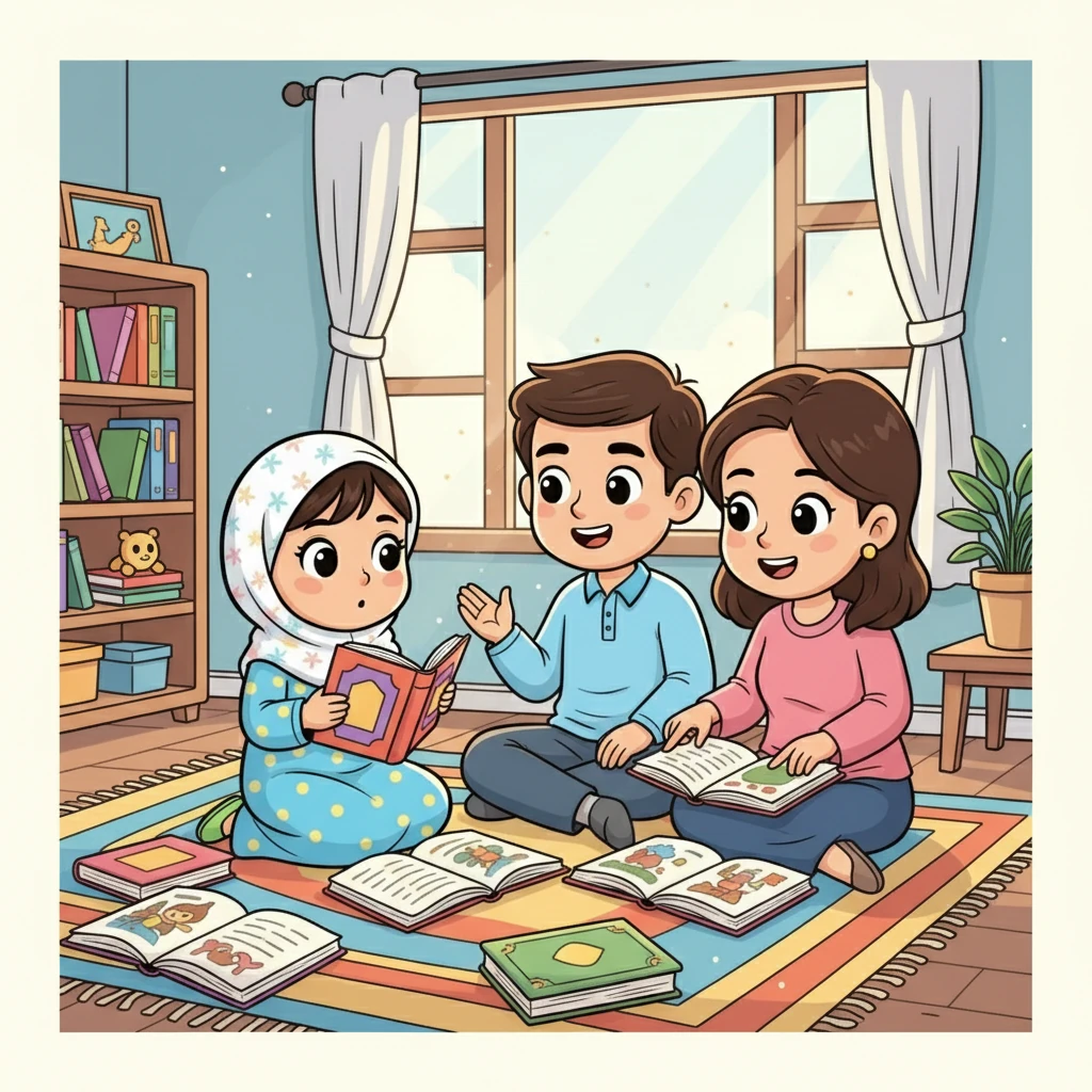 Di siang hari, Aisya gemar sekali belajar. Ia membaca buku-buku cerita dengan tekun dan bertanya banyak hal kepada orang tuanya.