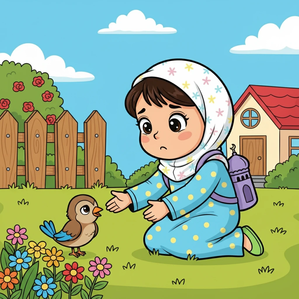 Suatu hari, Aisya melihat seekor burung kecil yang terluka di halaman rumahnya. Ia merasa kasihan dan ingin menolongnya.