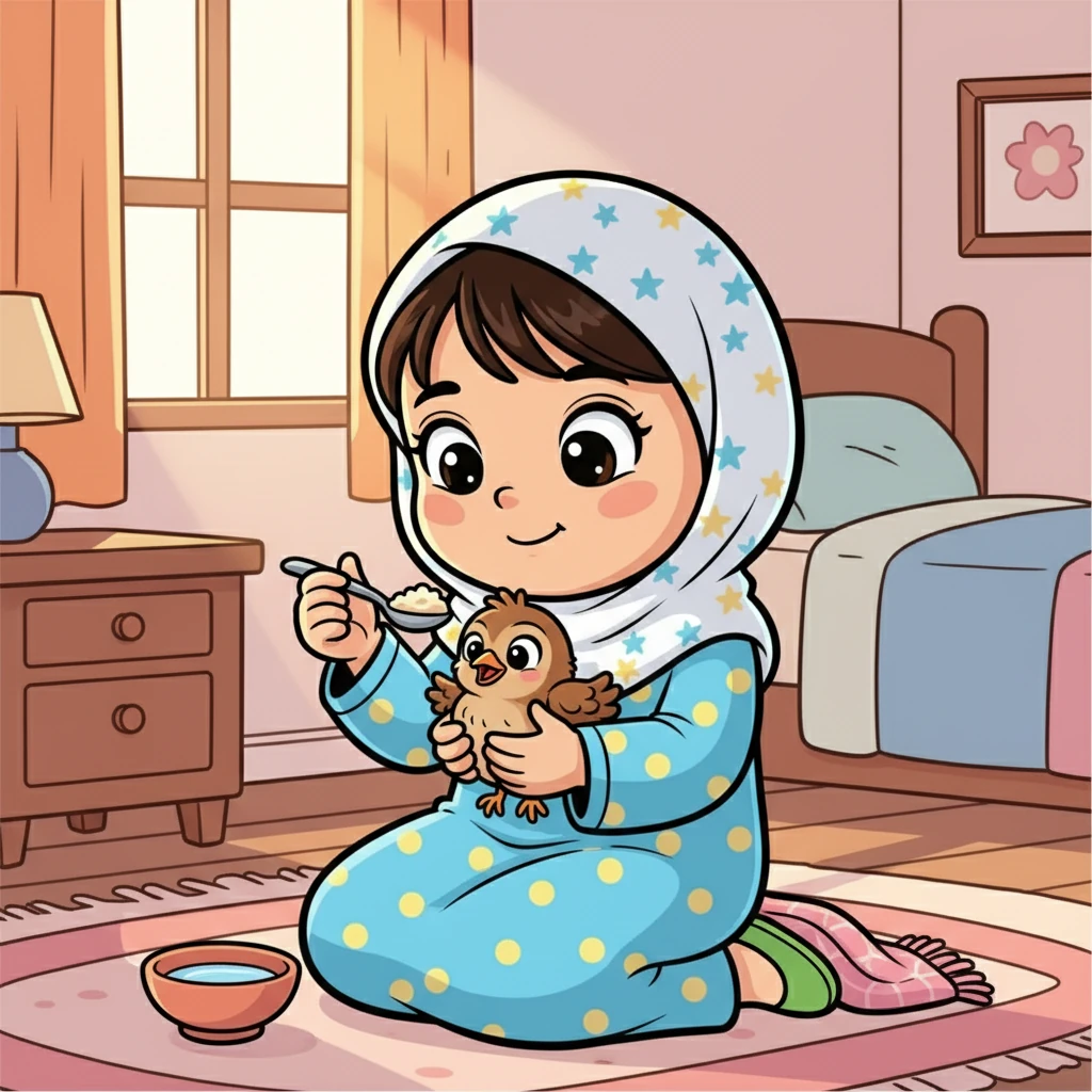 Aisya merawat burung kecil itu dengan penuh kasih sayang. Ia memberinya makan dan minum, serta menjaga agar burung itu tetap hangat.