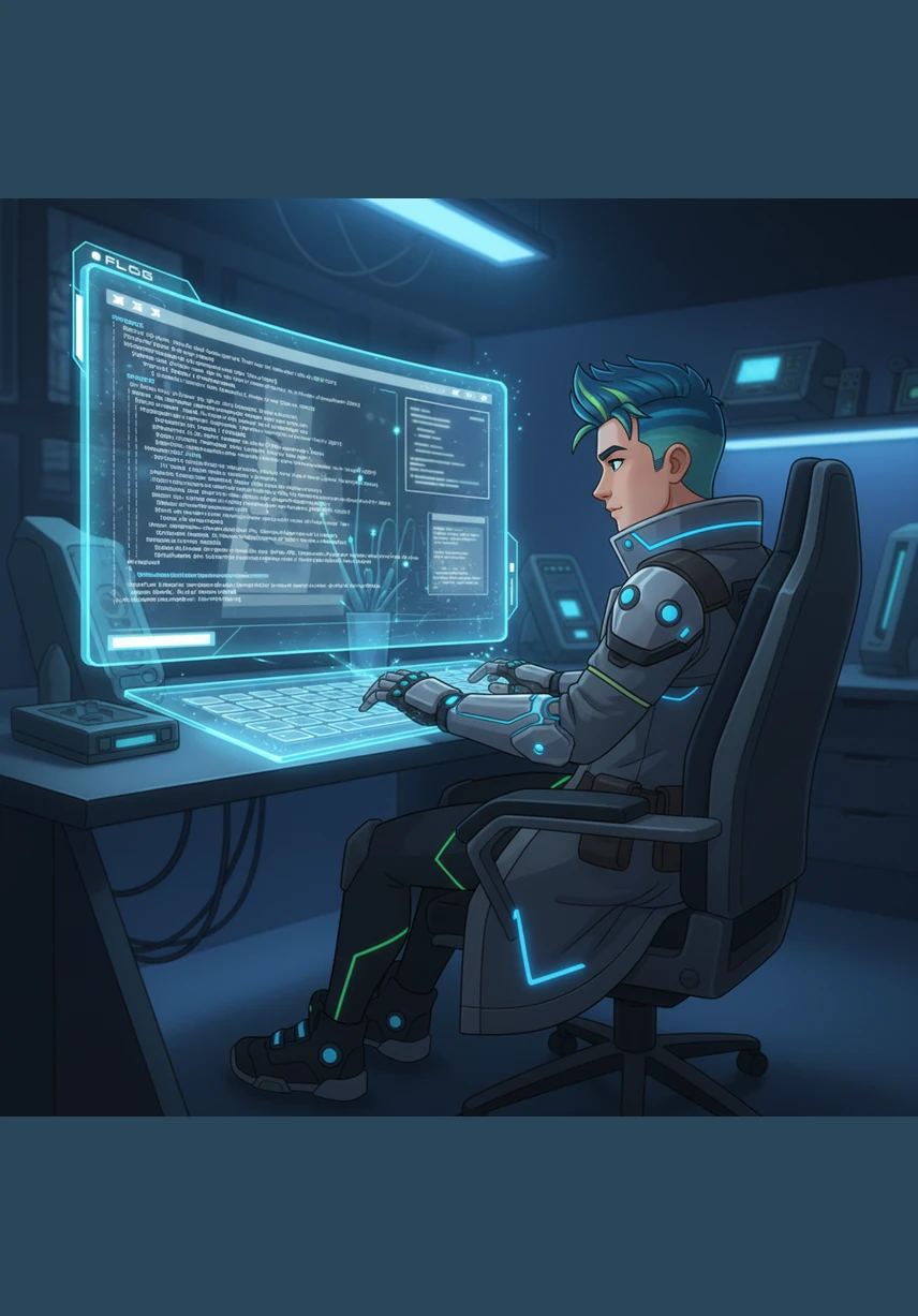 In a studio bathed in soft blue light, Alex masterfully codes the core styling and logic files, weaving threads of silver, dark gray, and white. The screen glows with glassy effects and modern typography, bringing a sophisticated aesthetic to the digital skeleton.