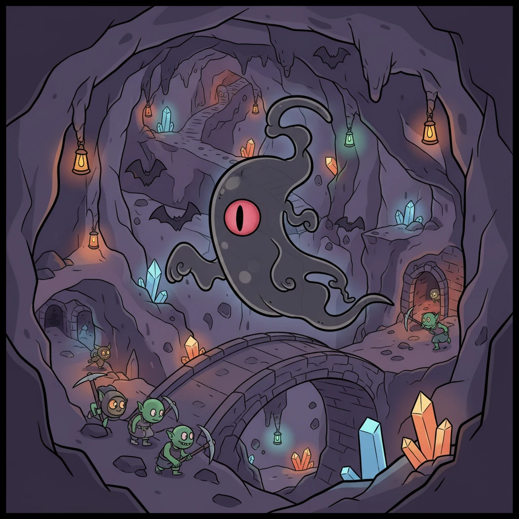 Deep beneath the earth, a bustling, dark underground city never slept. Flickering lights illuminated endless tunnels, filled with the echo of bat-like voices. Here lived Anxio, a shadowy, ghost-like creature with a single, unblinking red eye, embodying anxiety itself. It watched everything, a constant, unsettling presence.