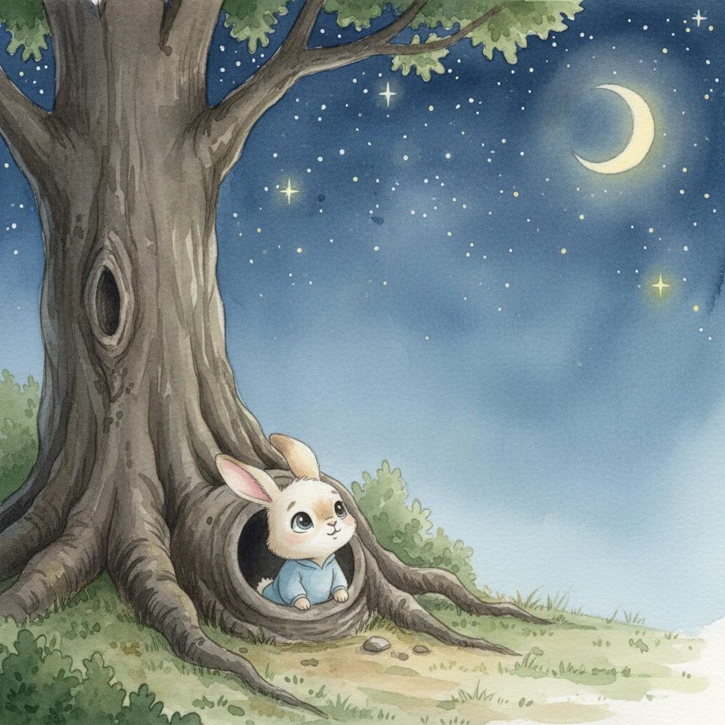 Benny, a fluffy little bunny, lived in a warm burrow beneath the tallest oak tree. Every evening, he loved to peek out and gaze at the countless stars twinkling like tiny diamonds. He dreamed of their faraway sparkle.