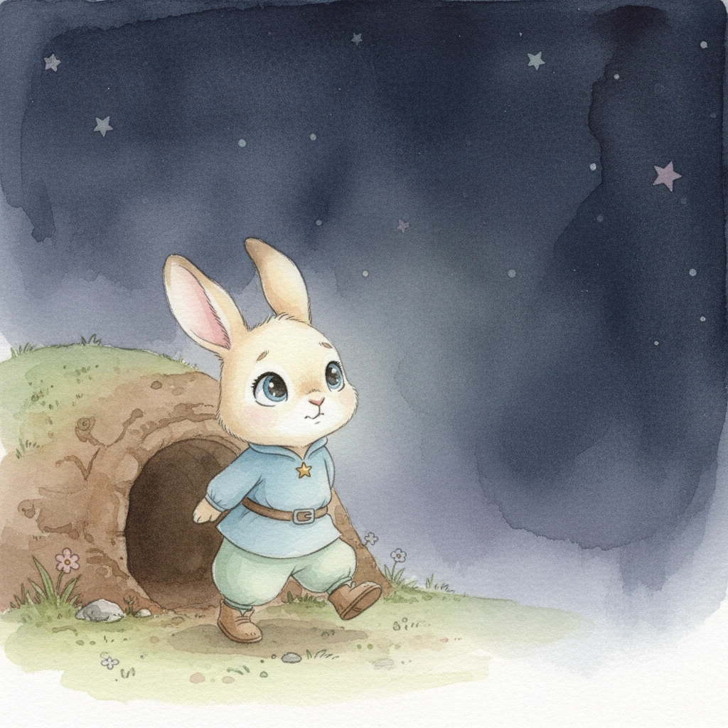 But despite his love for the stars, a tiny shadow of fear often crept into Benny’s heart. He was scared of the deep, quiet dark that stretched beyond his familiar burrow. "What if something scary is out there?" he often wondered.