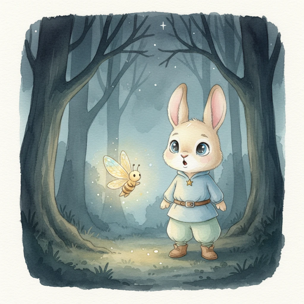 One particularly dark night, Benny whispered his worry into the air. Just then, a gentle, shimmering light danced before him. “Hello!” buzzed a tiny voice. “My name is Flicker. Why do you look so worried, little friend?”