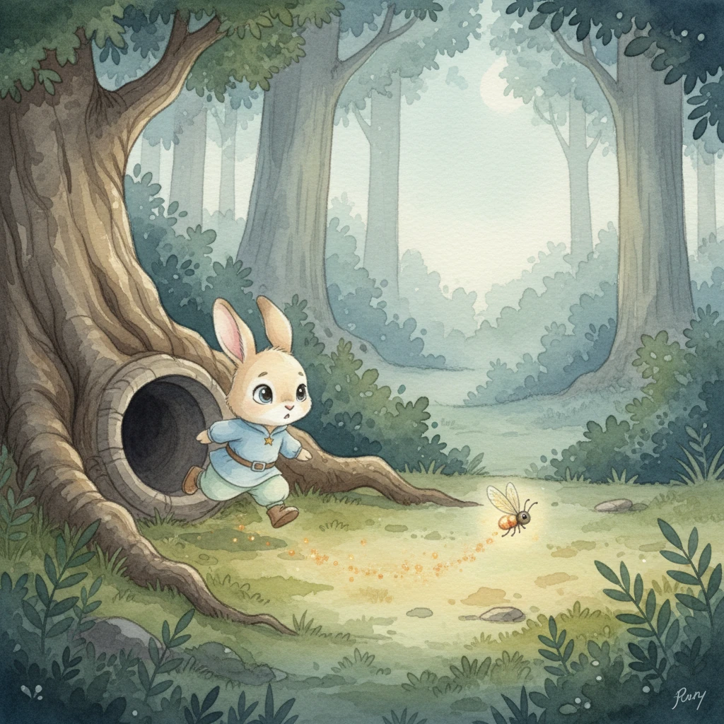With Flicker leading the way, Benny bravely hopped out of his burrow. The little firefly darted ahead, painting the path with fleeting sparks of light. They ventured deeper into the softly shadowed forest.