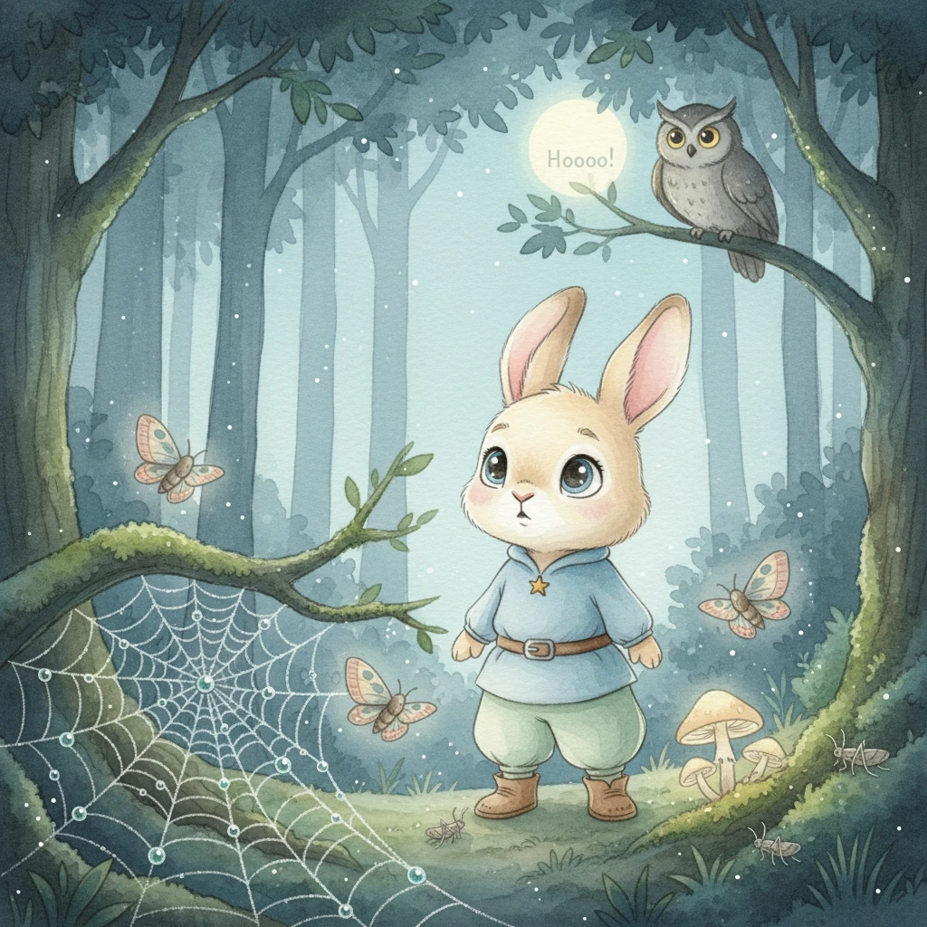 Soon, Benny heard the gentle symphony of chirping crickets and the soft hoot of a wise old owl. He saw the silent flutter of moth wings and the dew glistening on spiderwebs like tiny jewels. The forest was alive!