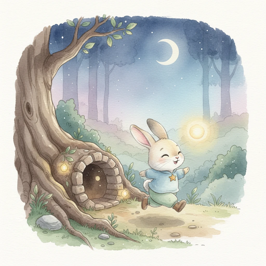 With a final, content sigh, Benny hopped back towards his cozy burrow, Flicker glowing softly beside him. “Goodnight, dear Flicker,” he whispered, feeling safe and warm. “Goodnight, brave little bunny,” Flicker glowed in return.